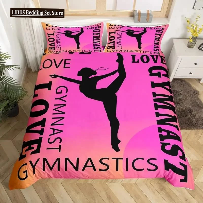 

Love Gymnastics King Queen Duvet Cover Floor Exercises Ballet Bedding Set Neon Pink Dance Comforter Cover Polyester Quilt Cover