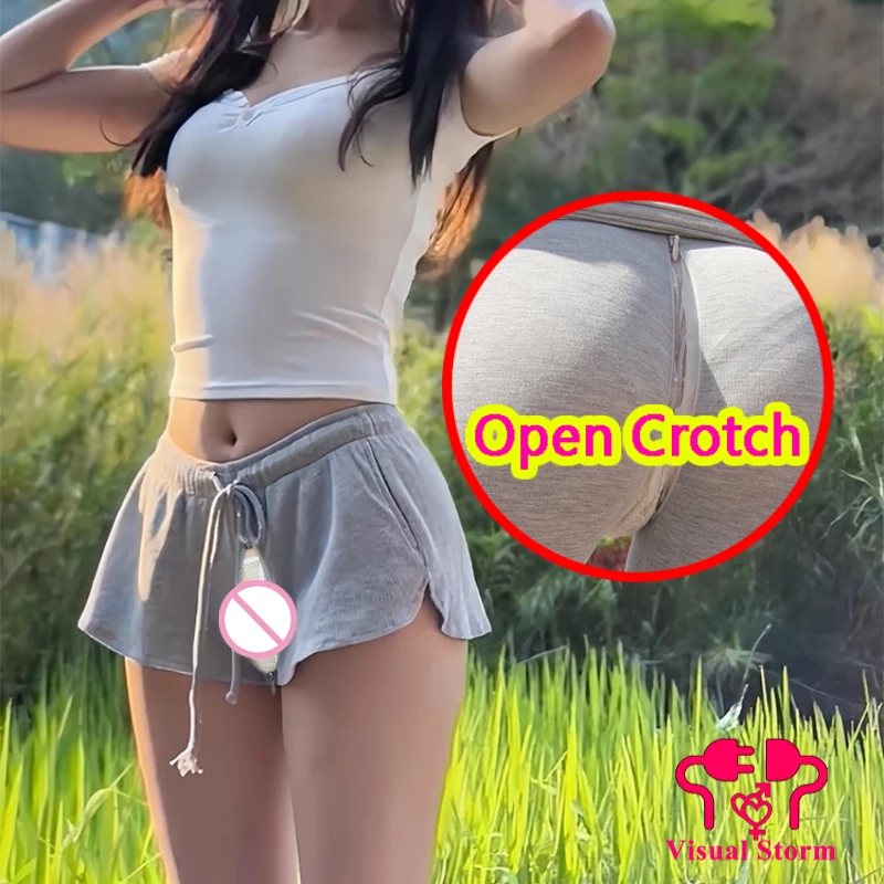 

Women's Sexy Open Crotch Low Rise Shorts Drawstring Mini Leggings Summer Casual Wide Leg Hot Pants Crotchless Fitness Outfit
