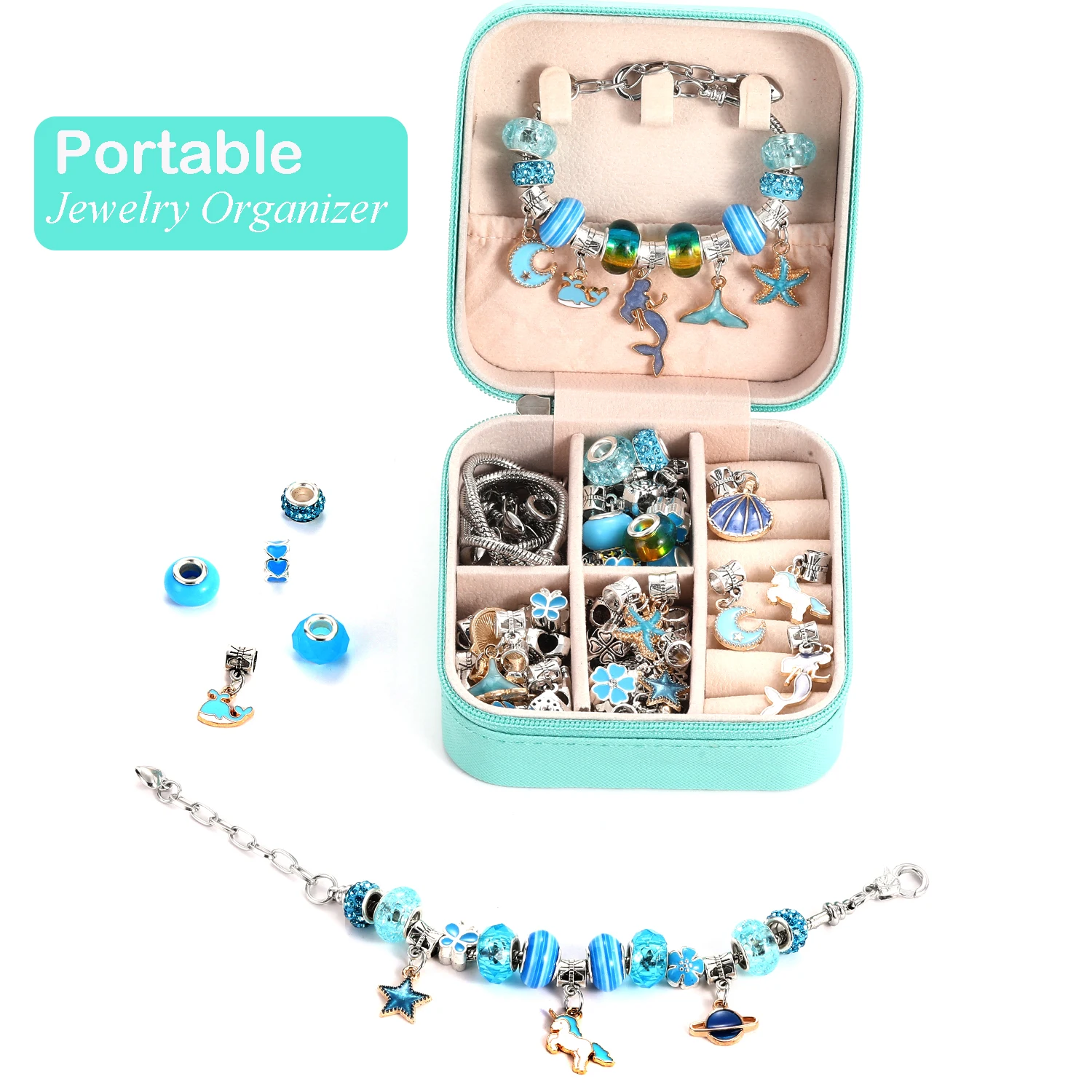 68Pcs Blue DIY Beadeds Charms Bracelet Making Kit Bracelet Necklace Making Gift Box Unicorn & Mermaid Series Charms Gifts Set view 6