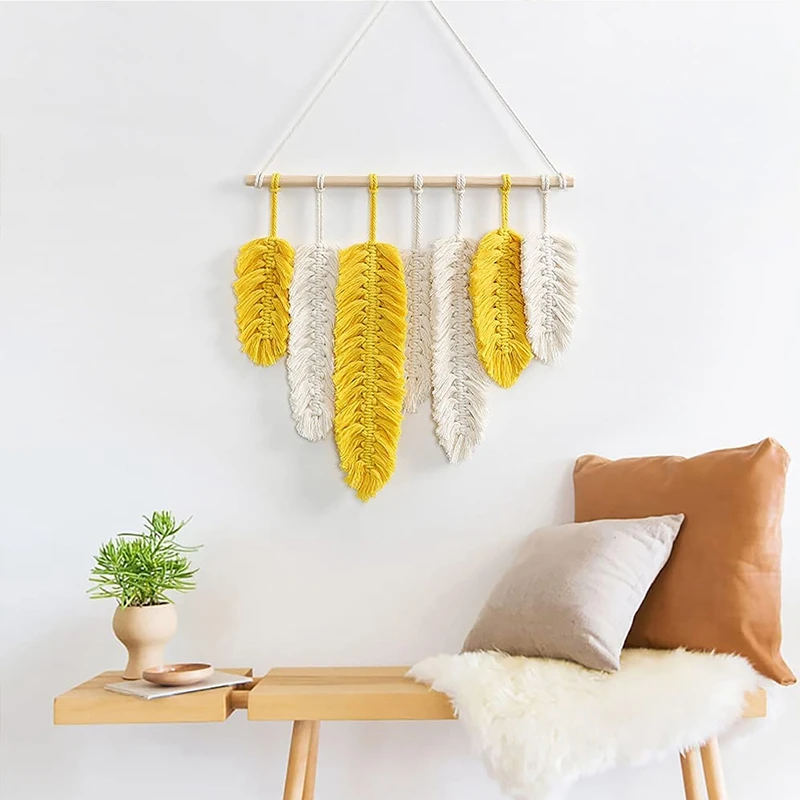 Handmade Macrame Wall Hanging Feather Woven Leaves Living Room Headboard Door Porch Hangings Boho Decor Wall Tapestry