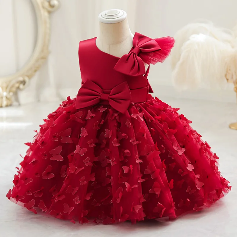 New Cute Butterfuly Flower Girls Brithday Wedding Dress Baby Kids Beauty Dress With Bownot