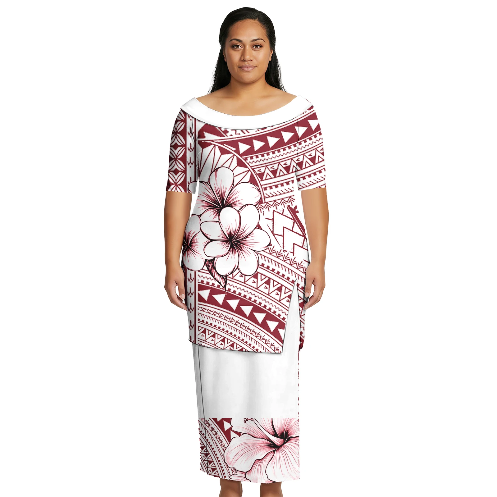 

Upscale Polynesian Tribal Holiday Prom Women Puletasi Hawaiian Tropical Pattern Big Round Neck Dress Samoan Puletasi 2pcs Dress