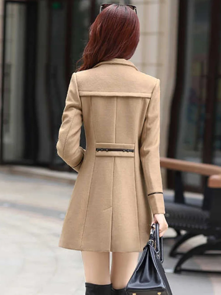 Autumn Winter Plus Size Jacket Womens Double Breasted Solid Color Coat Korean Slim Female Woolen Jacket Womens