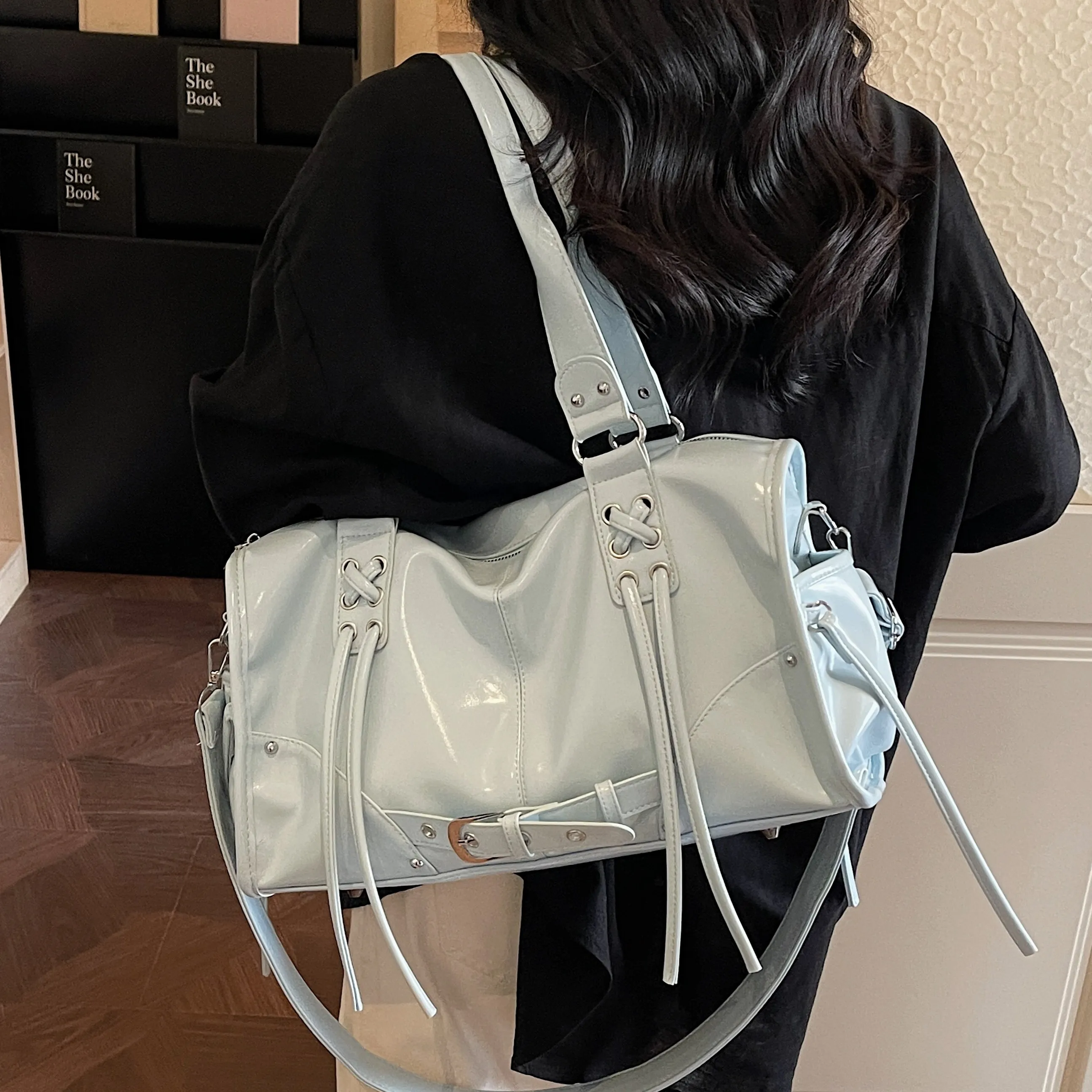 Pure Color Soft Leather Underarm Bag Ladies Motorcycle Style Large Capacity Tote Bag Simple Shoulder Bag Commuter Bag Trendy Bag