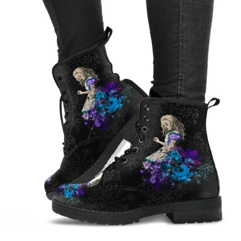 Women's Autumn Short Boots British Style Tooling Boots Skull Print Flower High-top Ladies Ankle Boots Vintage Botte Femme Hiver