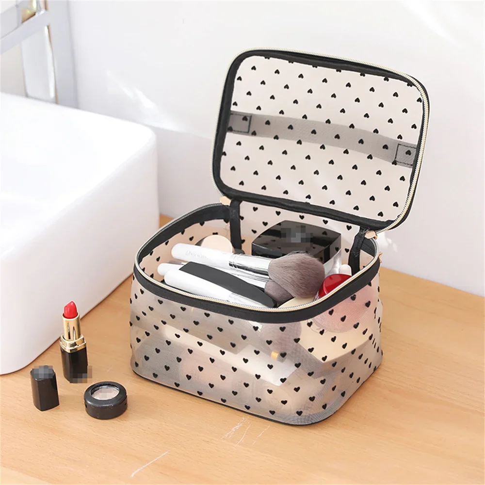 Fashion Mesh Cosmetic Makeup Bags Case Holder Pouch Convenient To Carry Transparent Zipper Black Heart Printed Pencil Pen Case