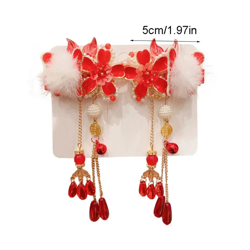 شرابة الأطفال دبوس الشعر الأحمر القوس القماش Hanfu دبوس الشعر أغطية الرأس القديمة فتاة إكسسوارات الشعر السنة الصينية الجديدة أغطية الرأس الطفل #5