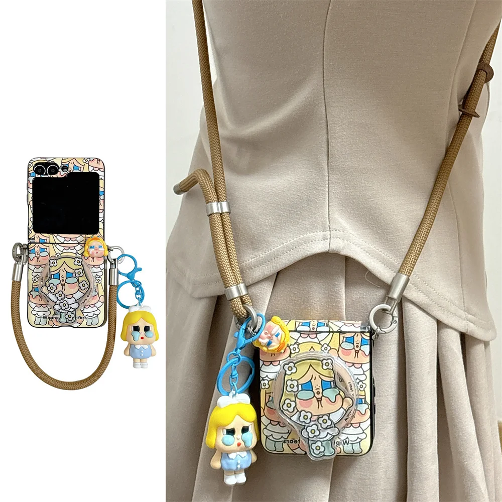 

Cute Little Flower Rotate cartoon girl magnetic holder phone case for Samsung Galaxy Z Flip5 6 7 Flip 6 flip7 FE crossbody cover