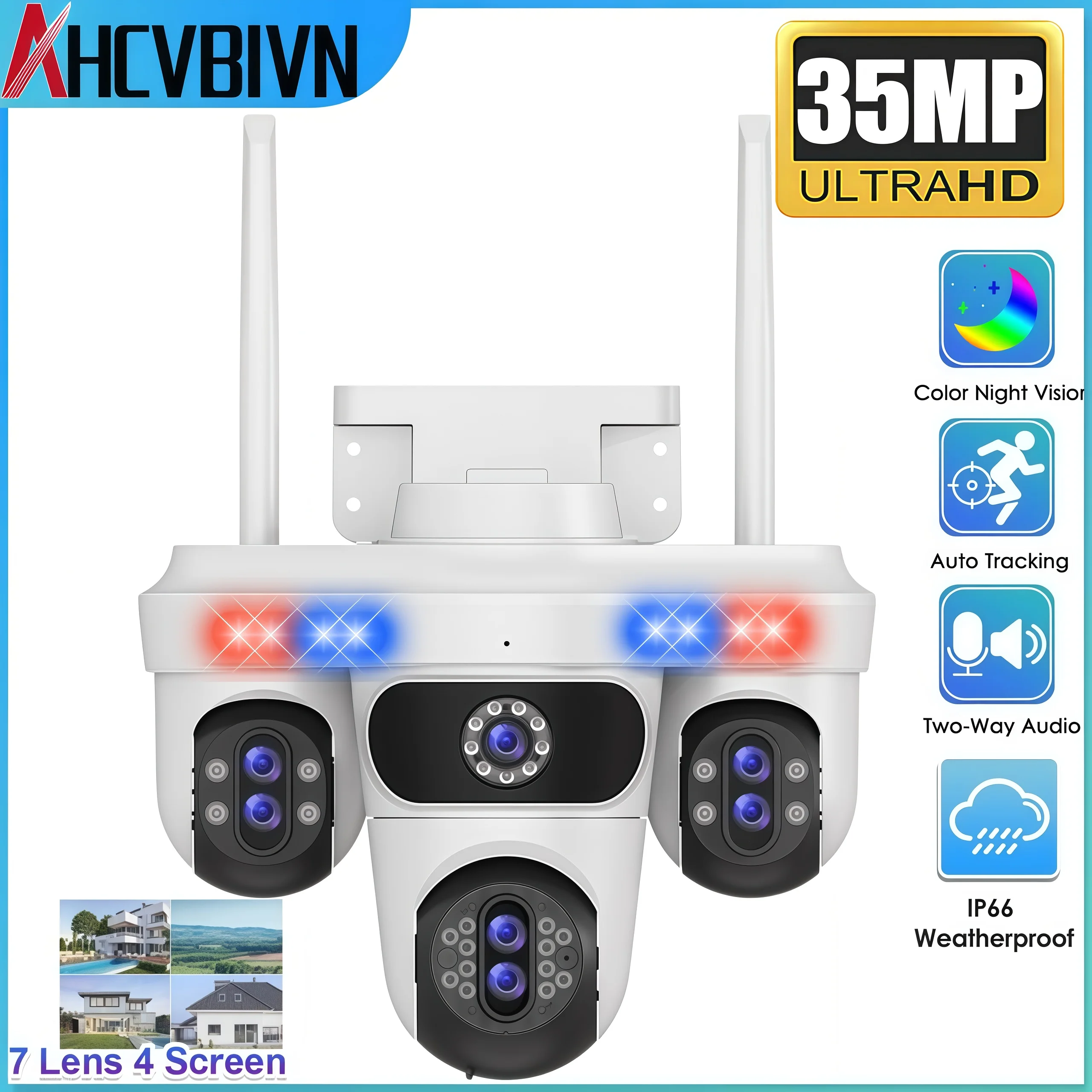35MP Multi-Lens PTZ Security Three Individual Rotating Lens 10X Zoom All-Round Monitor Auto Tracking Audio Outdoor WiFi IPCamera