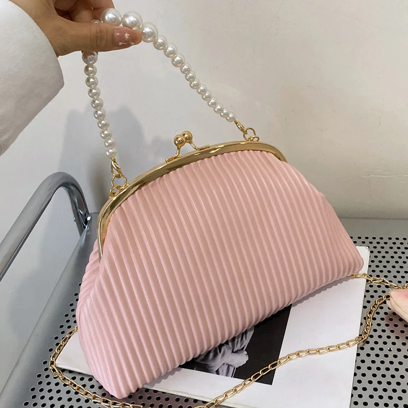 INS Elegant Women Pink White Clip Shell Shoulder Bag Brand Pearl Chain Sling Bag PU Leather Handbags and Purses Evening Clutch