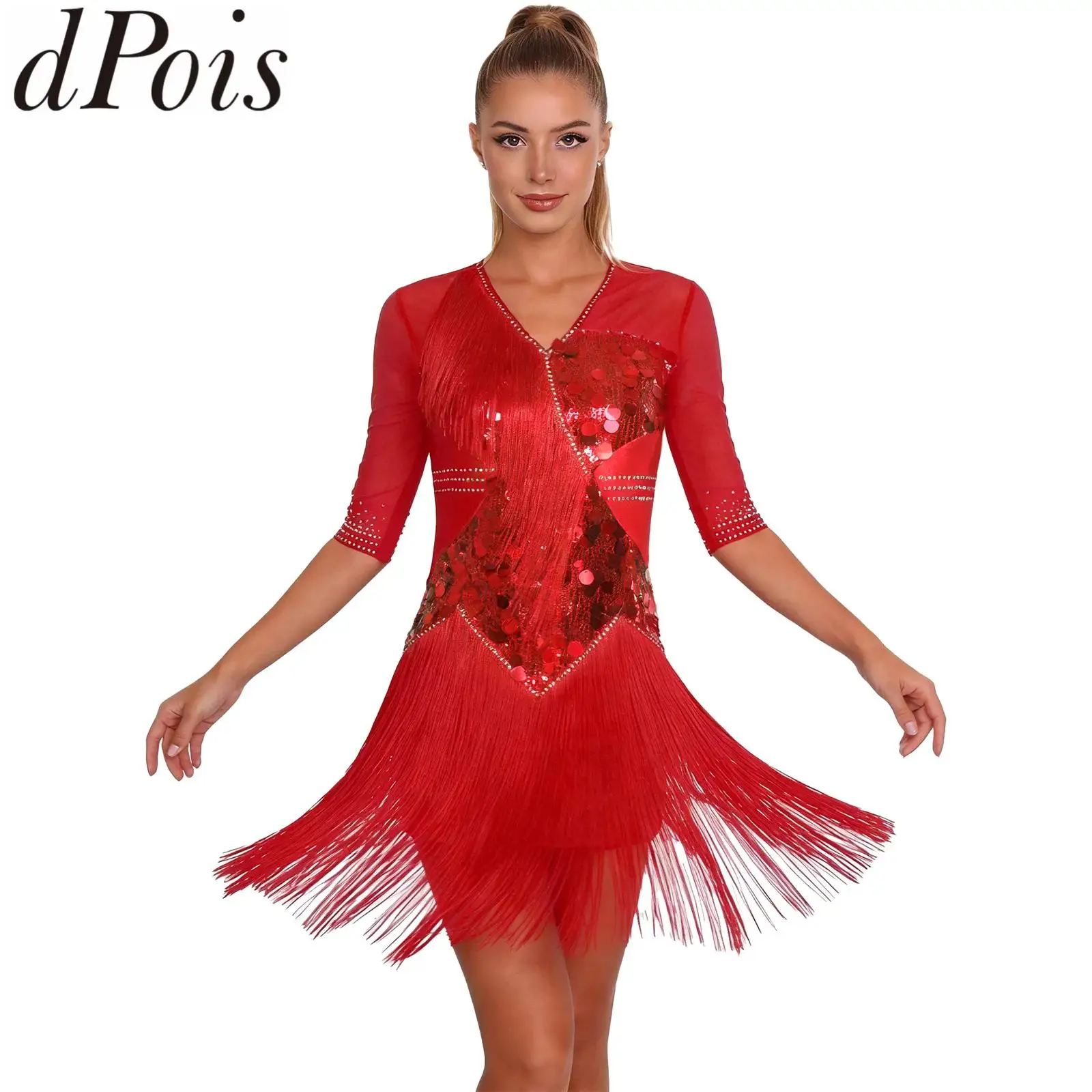 

Женское платье для латиноамериканских танцев ча-ча с блестящими пайетками и стразами, многоярусными бахромами, V-образным вырезом, для латиноамериканских танцев, танго, сальсы, соревнований