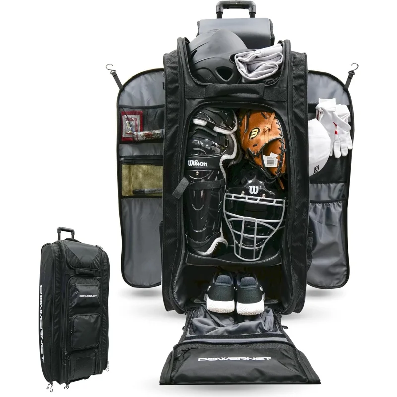 Optimus Catcher's Bag, Rolling Equipment Bag Holds All Baseball Softball Gear, 7 Internal Bat Sleeves, 5 Heavy Duty Hanging Hook