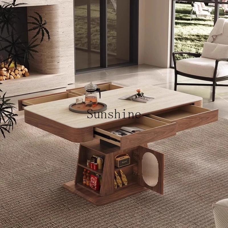 

table living room light luxury high sense household solid wood rock slab can be lifted and lowered dining table dual-purpose