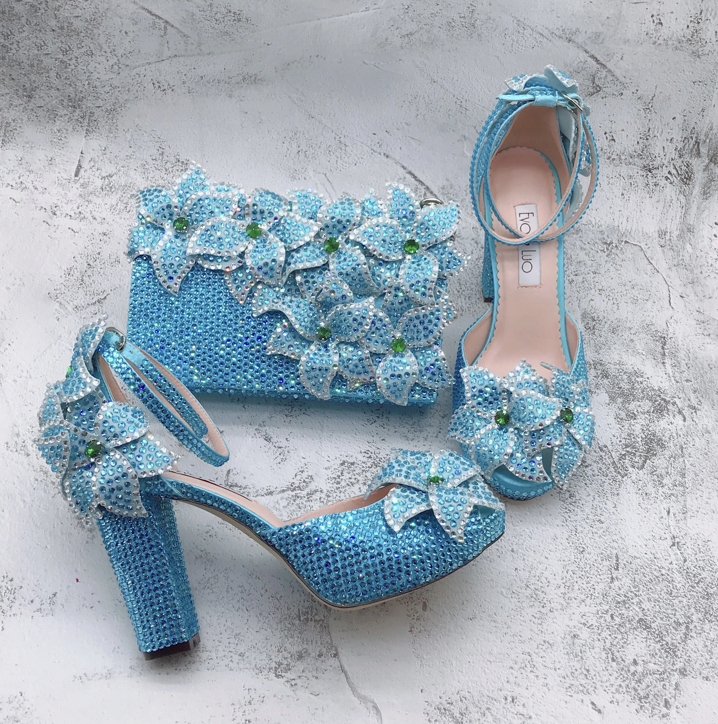 BS1731  Luxury Customize Handmade Sky Blue Rhinestone Flower Nigerian Italian  Shoes With Matching Bag For Wedding Party