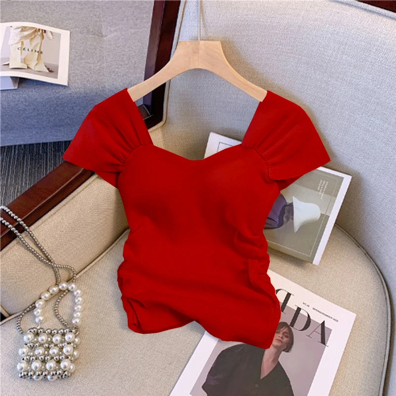 

Sexy ort Sve Knitted T-irt Square Collar Slim Fit Women's Summer Pure Desire Unique Design Folding up Top for Young Women