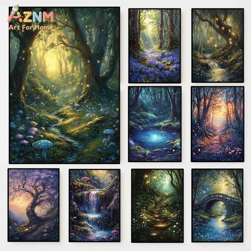 AZNM Unframed Canvas Print Magical Enchanted Forest Wall Art Fantasy Glowing Trees Home Decor Poster