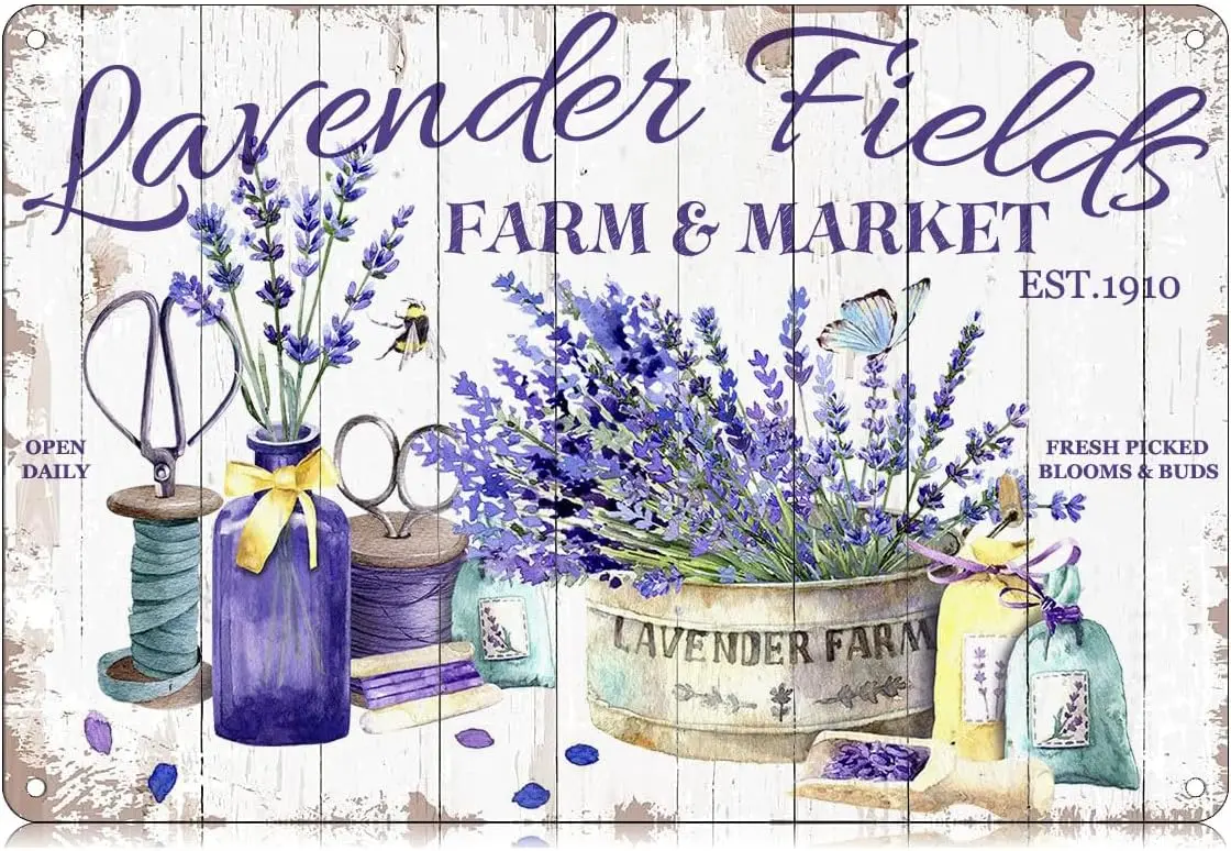 Lavender Fields Farm and Market Metal Tin Signs Funny Vintage Flower Tin Sign Wall Art Decor Iron Poster for Home Farmhouse sign