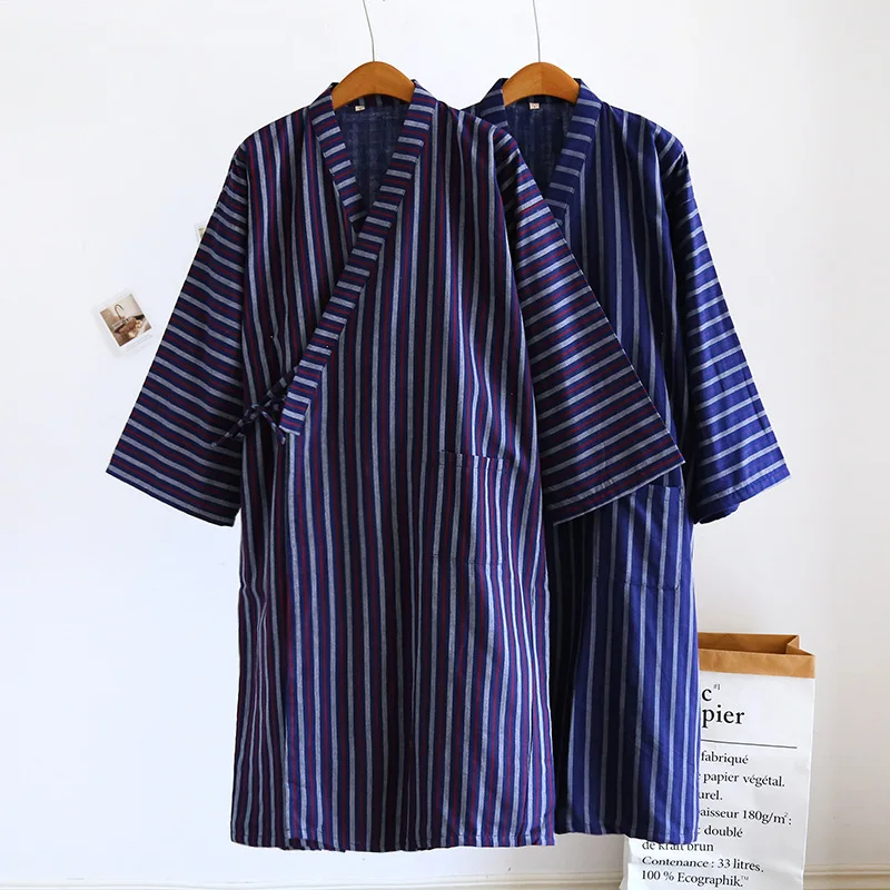 Blue Red Striped Printed Robe for Men 100% Cotton Kimono Men Bathrobe for Spring Autumn 100% Cotton Long Style Men Kimono Robe