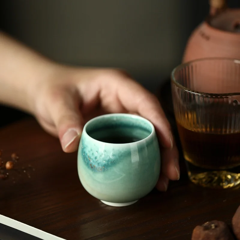 ★Kiln Baked Bright Glaze Master Cup Large Personal Special Tea Cup Soda Green Pu'er Tea Tea Cup Retro Gracked Glaze Green