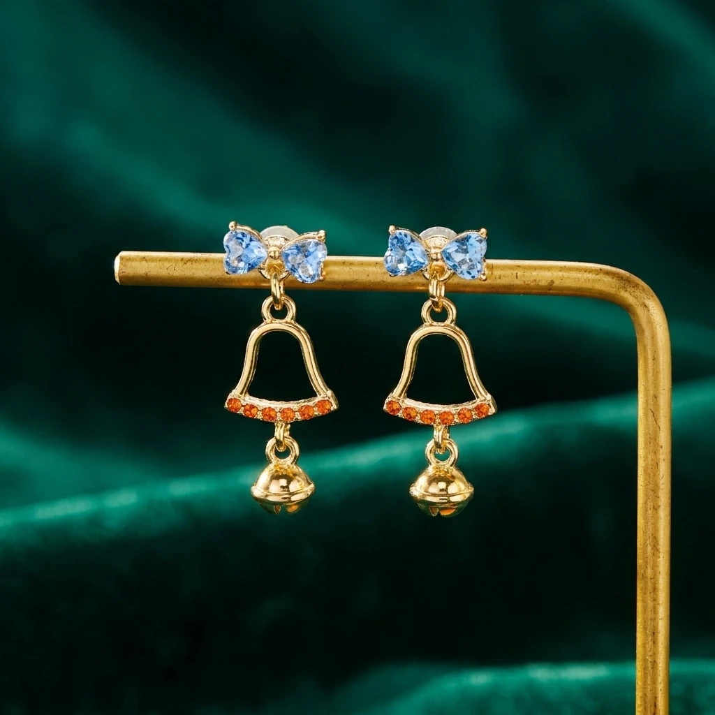 Exquisite Rhinestone Christmas Bowknot Drop Earring For Women Gold Plated Crystal Bow Bell Dangle Earring Party New Year Jewelry