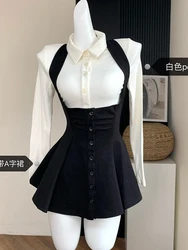 Korean Y2k Two Piece Sets Fall Outfits Office Women Skirt Sets Lapel Cardigan Crop Tops + Suspender Mini Skirt Elegante Clothes