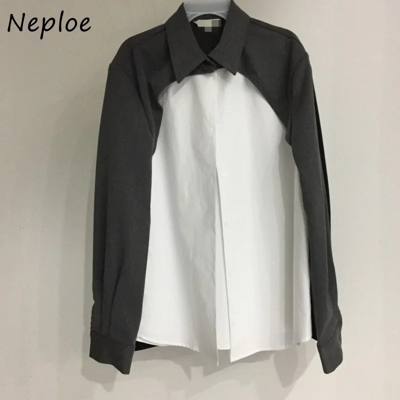 Neploe Temperament Personality Long Sleeved Shirt Woman Contrast Color Patchwork Blouse Female Versatile Single-breasted Shirts