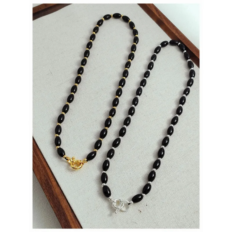 

Brass Natural Black Jade Beads Chain Necklace Women Jewelry Punk Designer Runway Rare Gown Boho Japan Korean