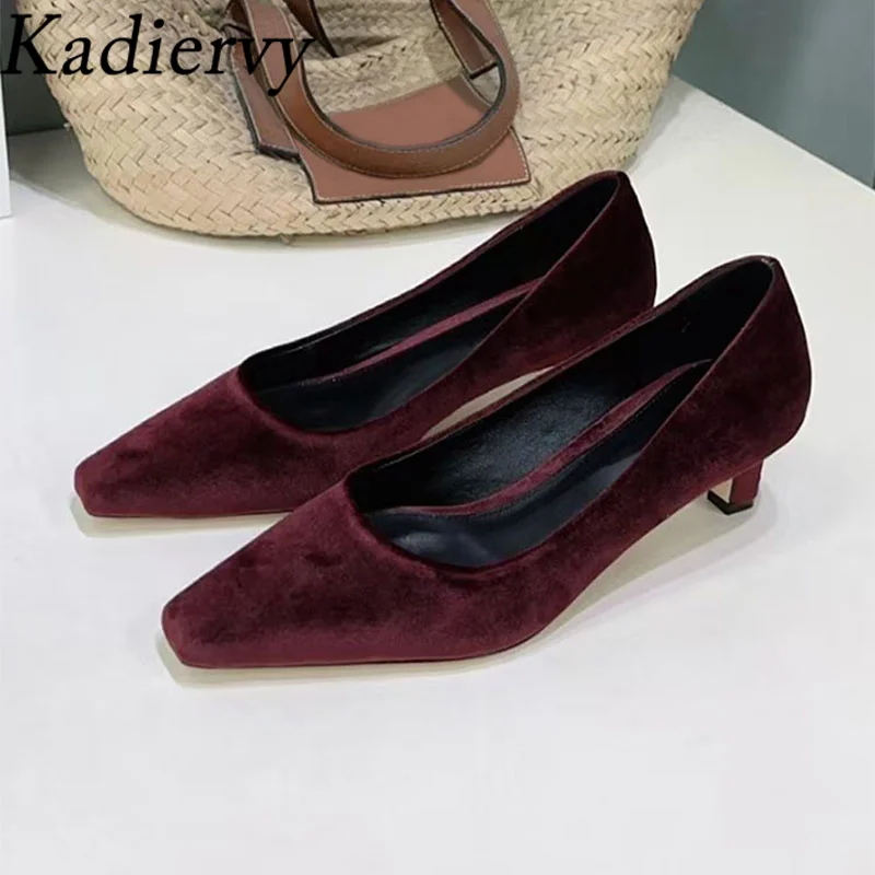 

New Kitten Heels Women Pumps Genuine Leather Spring Autumn Shoes Woman Square Toe Slip-on Office&Career High Heels Shoes Woman