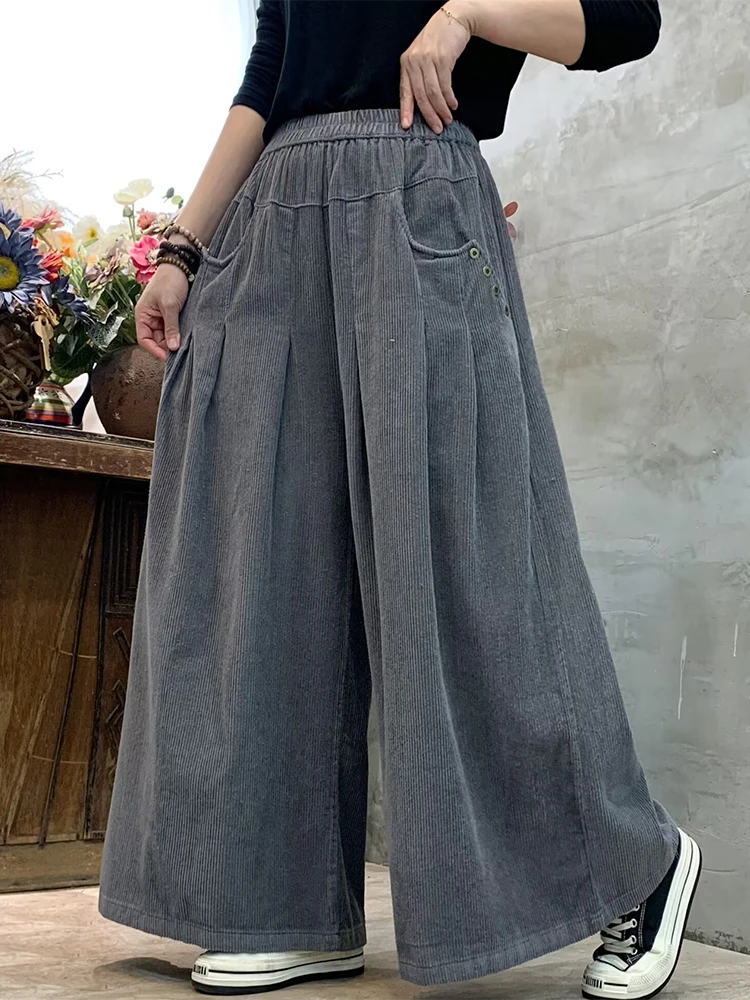 Amax lulue marca 2025 senhoras vintage solto calças de perna larga das mulheres clássico casual cintura elástica moda roupas de veludo