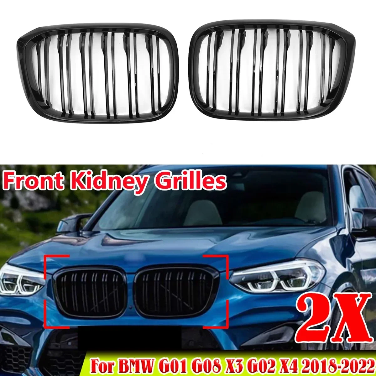 

Gloss Black Front Kidney Grille For BMW G01 G08 X3 G02 X4 2018-2022 Front Bumper Upper Grill Grille Dual Slats Grille