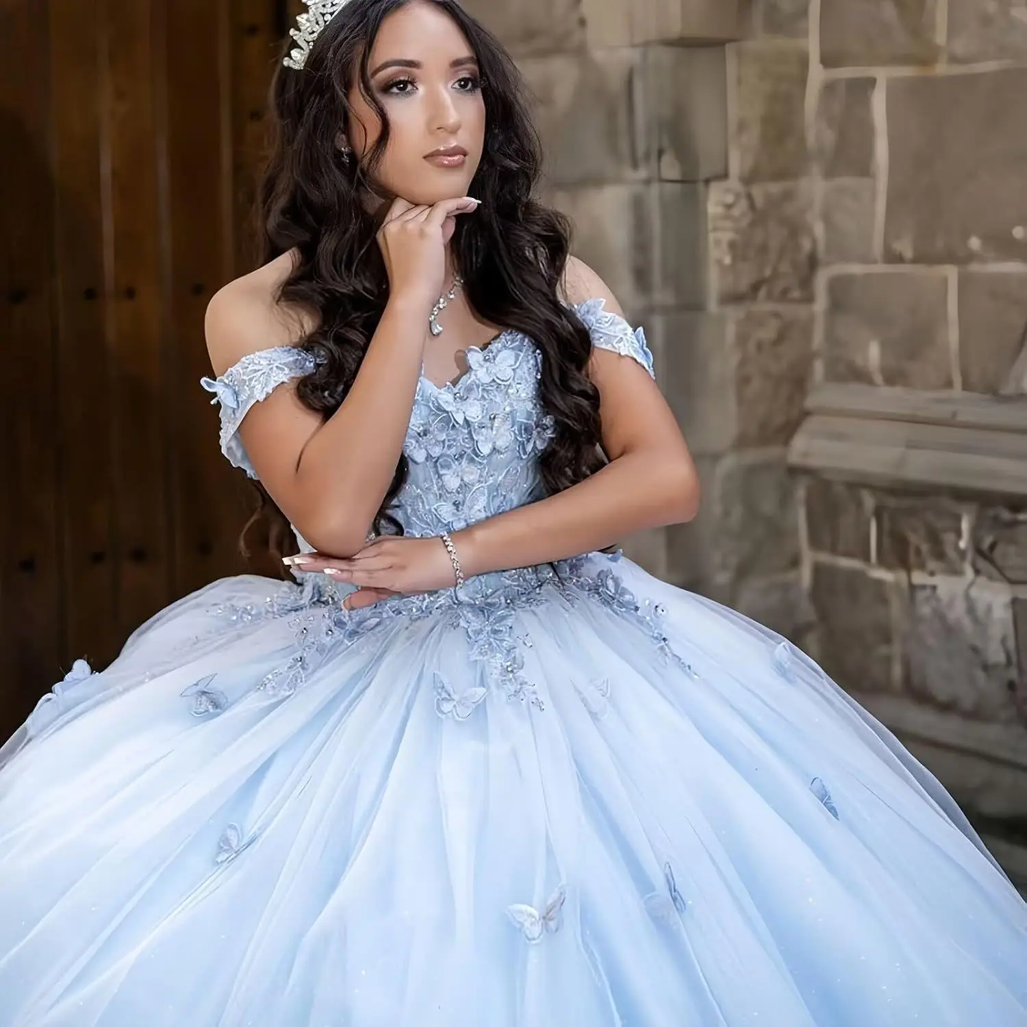 

Customized Ball Gown Sky Blue Quinceanera Dresses Off Shoulder 3D Flowers Prom Birthday Party Gowns Formal Vestido De Noche