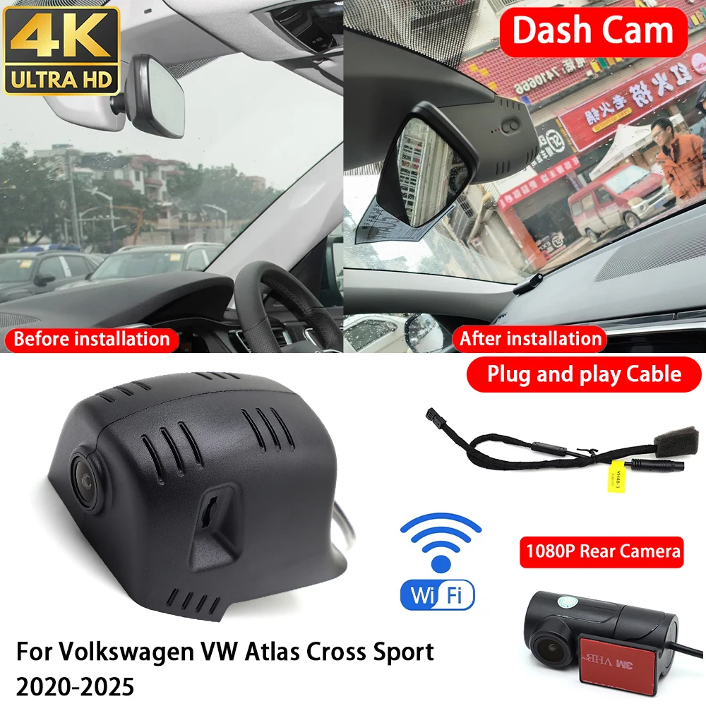 for Volkswagen VW Atlas Cross Sport 2020-2025 4K Dash Cam Front Rear Car Camera Wifi Plug & Play Video Recorder Loop Recording