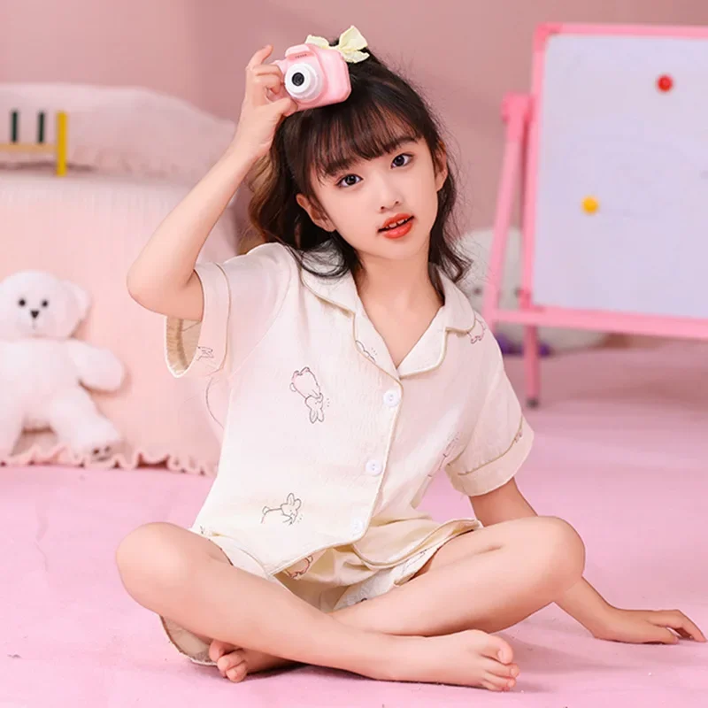 Sanrio 2024 New Girls Pajamas Pajamas Lapel Short Sleeve Suit Home Clothes Cartoon My Melody Kuromi Girls Clothing Gift