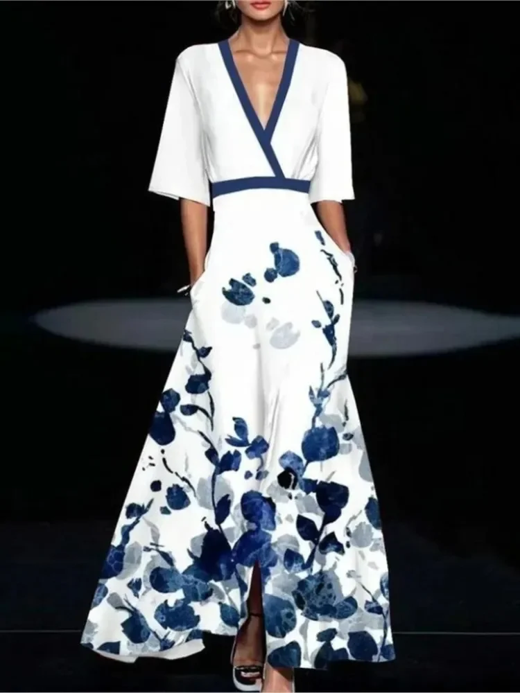 Moda damska Wiosenna sukienka z dekoltem w kształcie litery V i paskiem Seksowna sukienka w kształcie litery A Boho Sukienki maxi z krótkim rękawem i kieszeniami