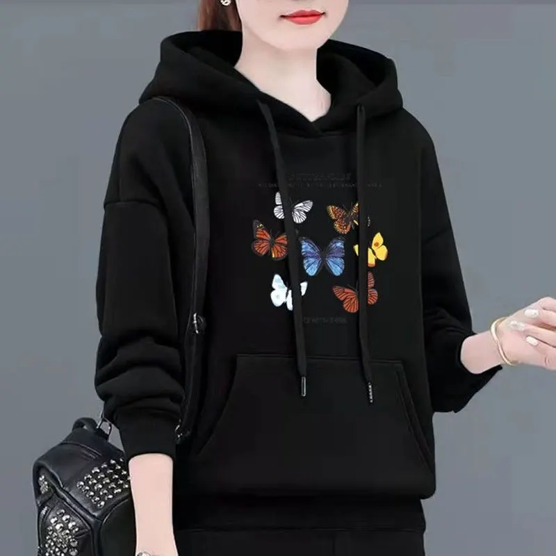 Women\'s Clothing Butterfly Printed Sweatshirts Casual Hooded Autumn Winter Thick Stylish Drawstring Pockets Korean Pullovers New