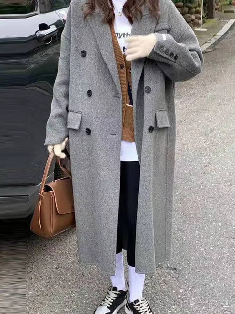 

Solid Color Turndown Collar Women's Coat Casual Loose Double Breasted Long Coats Winter Fashion Retro Classic Women Outerwears