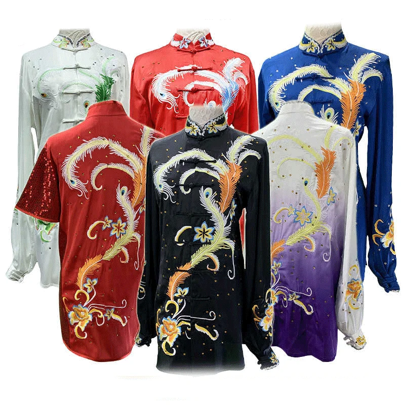 

Han Cui 6 embroidered phoenix tai chi suit eight sections of brocade wudang fist five birds play qigong martial arts competition