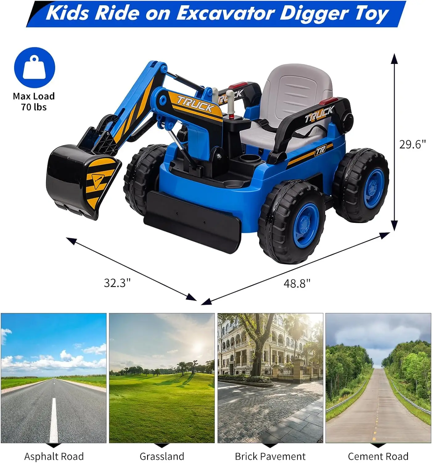 Elektryczny koparka dla dzieci, pojazd do jazdy, akumulator 12V 10Ah, 4 silniki 75W, tylne światła LED, muzyka, prezent dla dzieci w wieku 3+