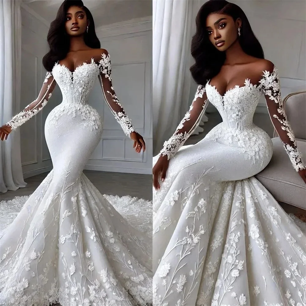 

Lace African Wedding Dresses Black Girls Mermaid Long Sleeves Appliques Aso Ebi Women Bridal Gowns Vestido De Novia Customized