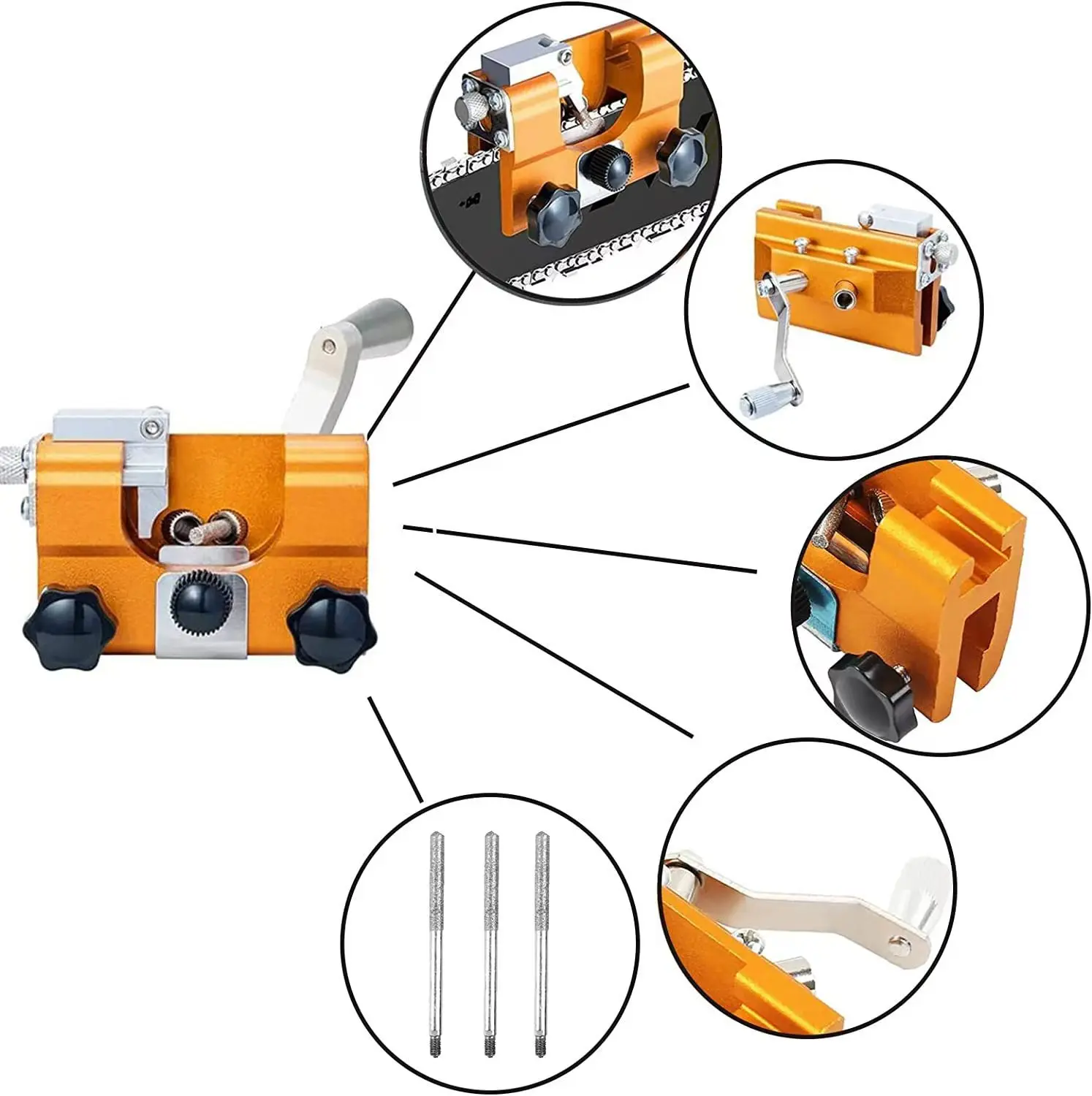 Outil de réparation de tronçonneuse avec 3 têtes de meulage, outil d'affûtage manuel, travail de calcul