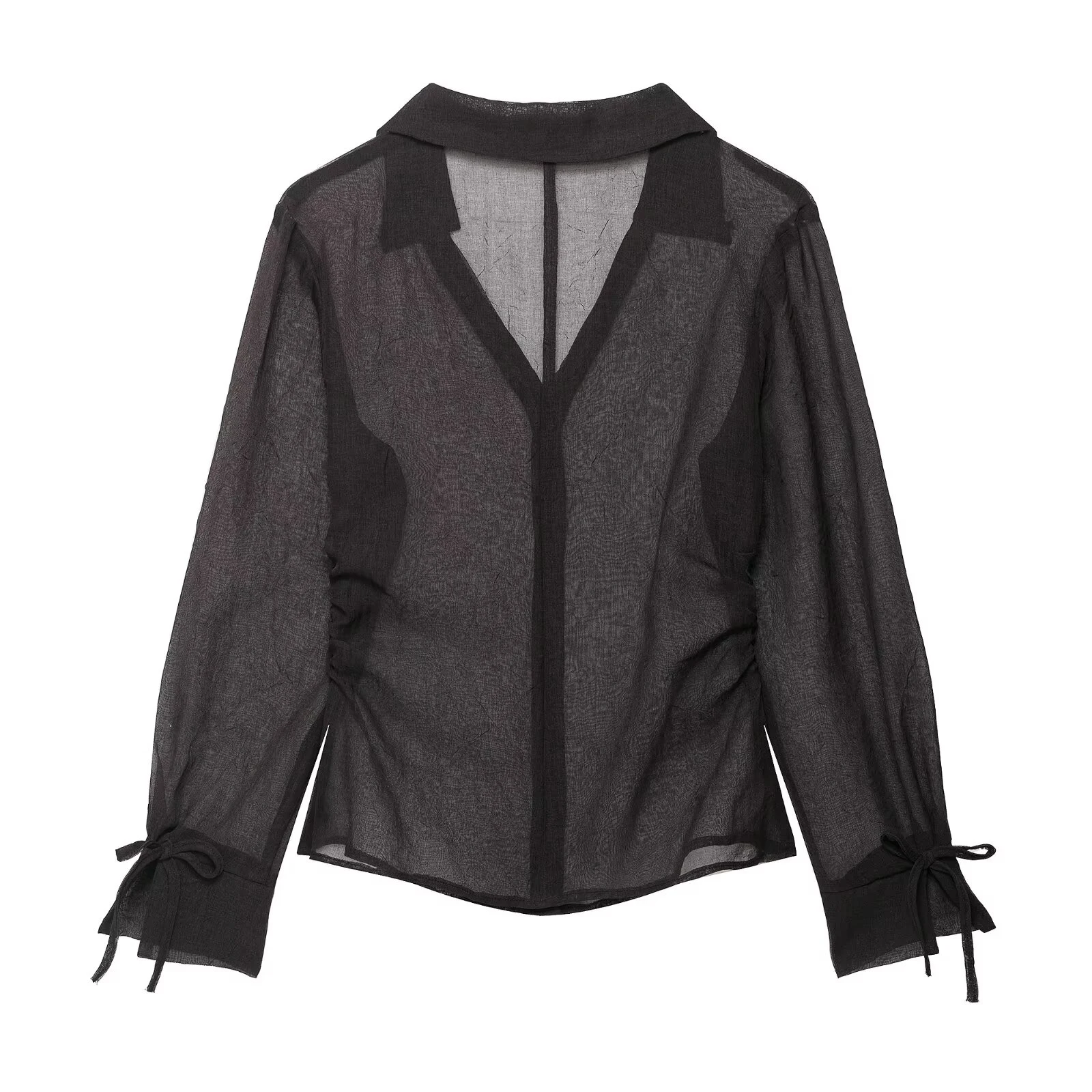 2025 autumn new women's clothing style simple V-neck long sleeved bow decoration semi transparent shirt
