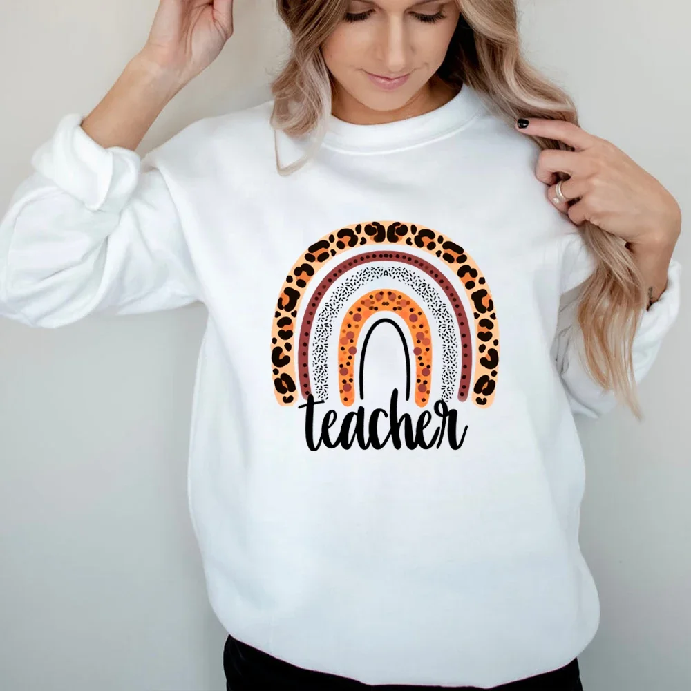 Boho Rainbow Teacher Sweatshirt Cute Graphic Pullovers Autumn and Winter Fashion Trend Round Neck Long Sleeve