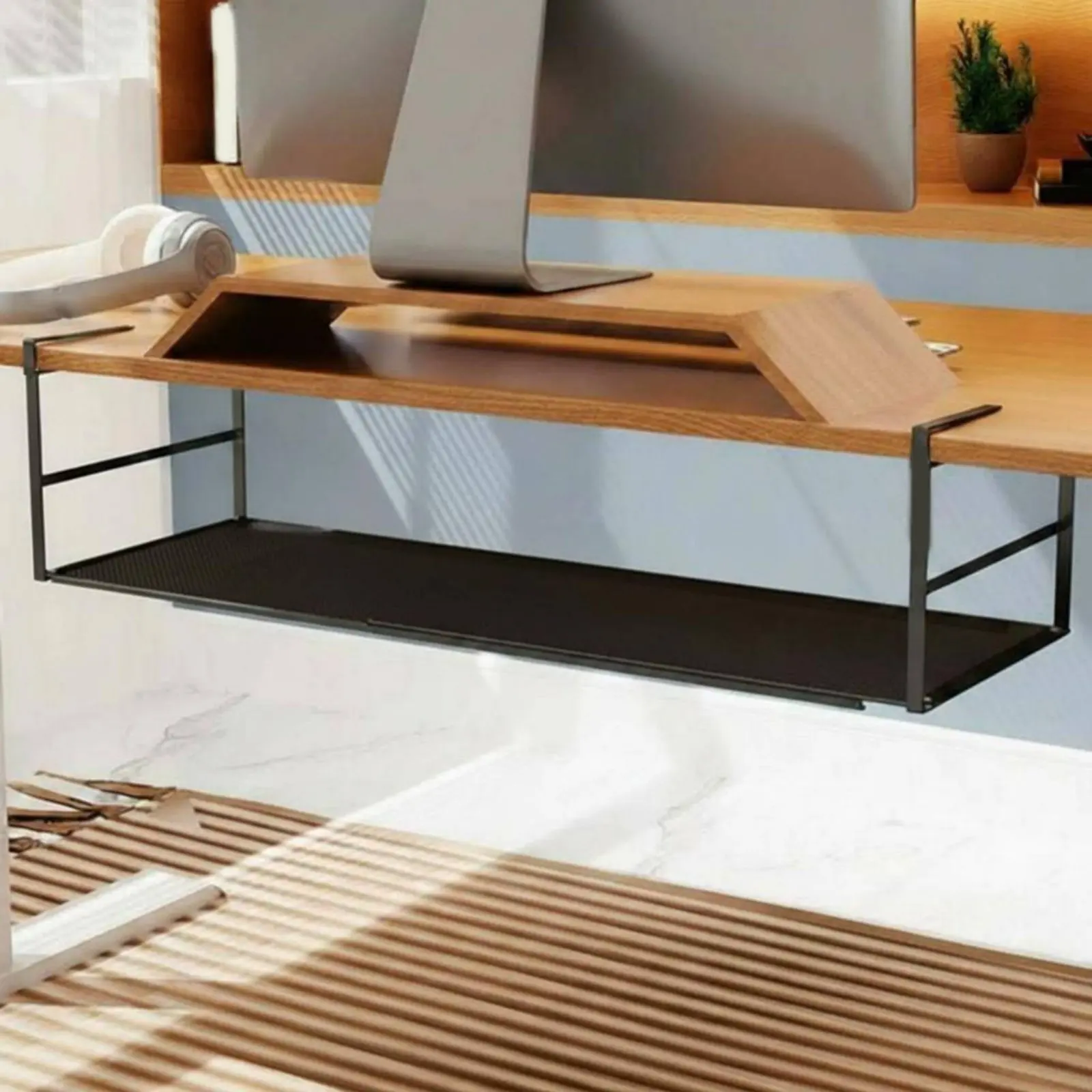 Under Table Storage Organizer Space Saving Under Desk Storage Organizer Hanging Desk Basket Hardware-Tool-Less Mounting view 5