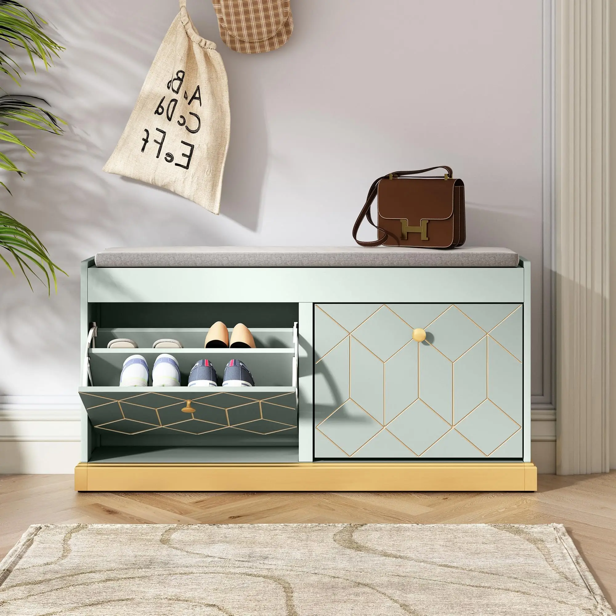 

！@Combohome Modern Shoe Bench with Lattice Effect Doors Storage Space Hallway Bench and Shoe Chest Drawers for Hotels