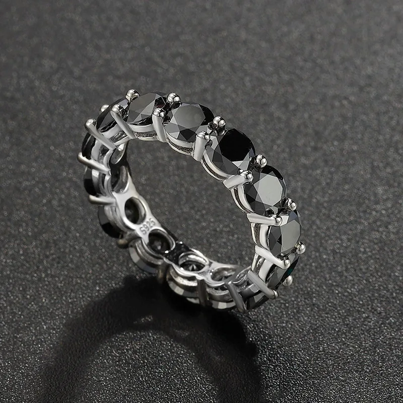 FEOBUR 3/5mm Full Black Moissanite Eternity Diamond Rings for Women Men Certified 925 Sterling Silver Sparkling Wedding Band