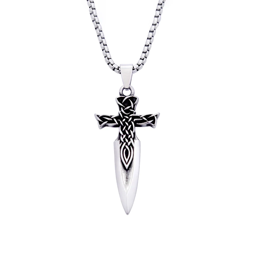 Keltischer Verflochtener Knoten Schwert-Kreuz Edelstahl-Anhänger Halskette Retro Nordischer Irischer Schmuck für Männer Tägliches Surf-Urlaubsgeschenk – Detail 2