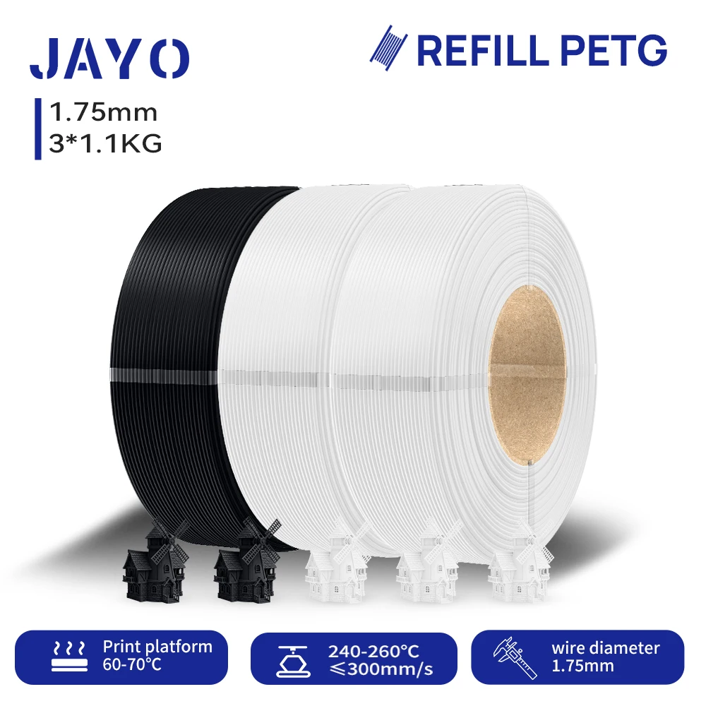 JAYO 3,3KG Nachfüll-PETG-Filament 1,75mm Nachfüll-3D-Drucker-Filament geeignet für Bambu Lab Filament & ungiftige wiederverwendbare Spulen 1,1KG/Rolle