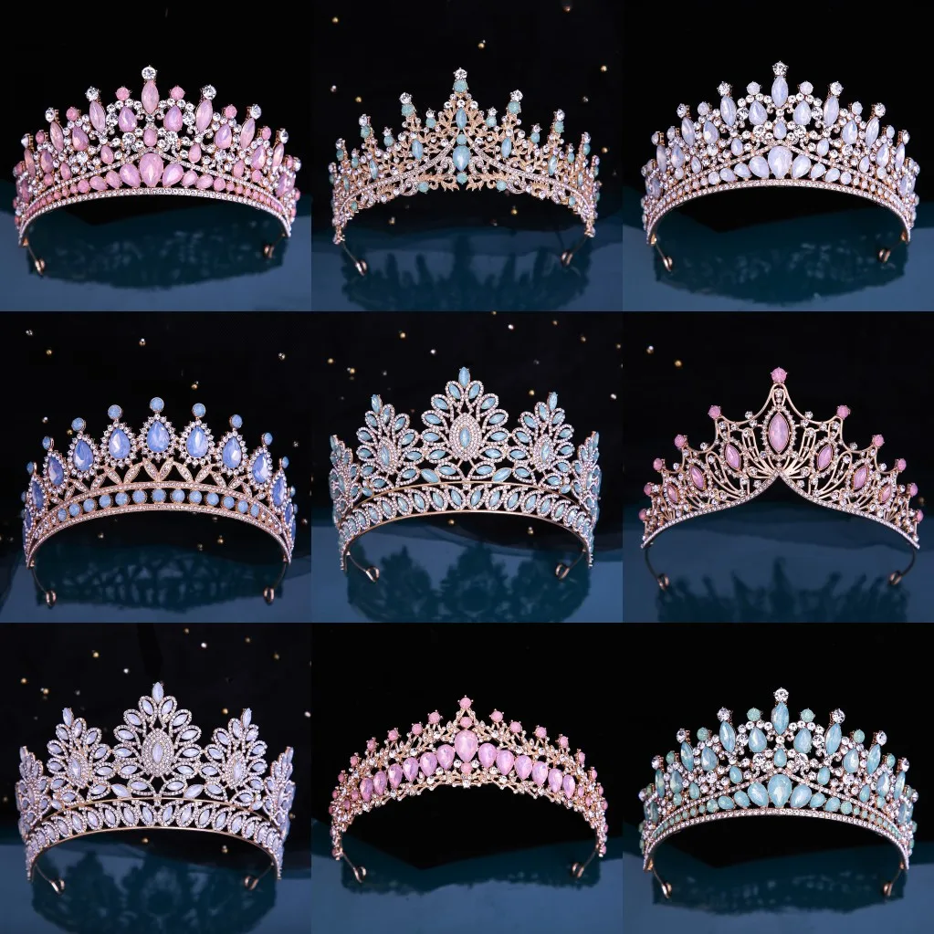 Many Styles Baroque Pink Blue Green White Opal Crystal Bridal Tiaras Crown Gold Color Rhinestone Pageant Diadem Hair Accessories