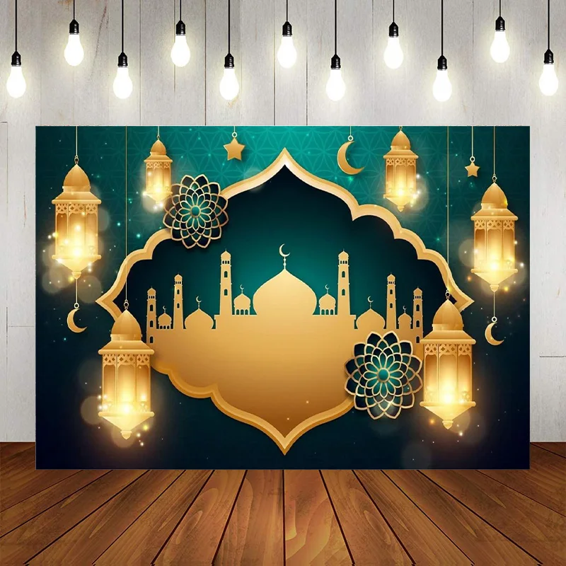 Green Ramadan Backdrop Golden Lanterns Mosque Photography Background Eid Islamic Holiday Decoration Ramadan Mubarak Banner Pro