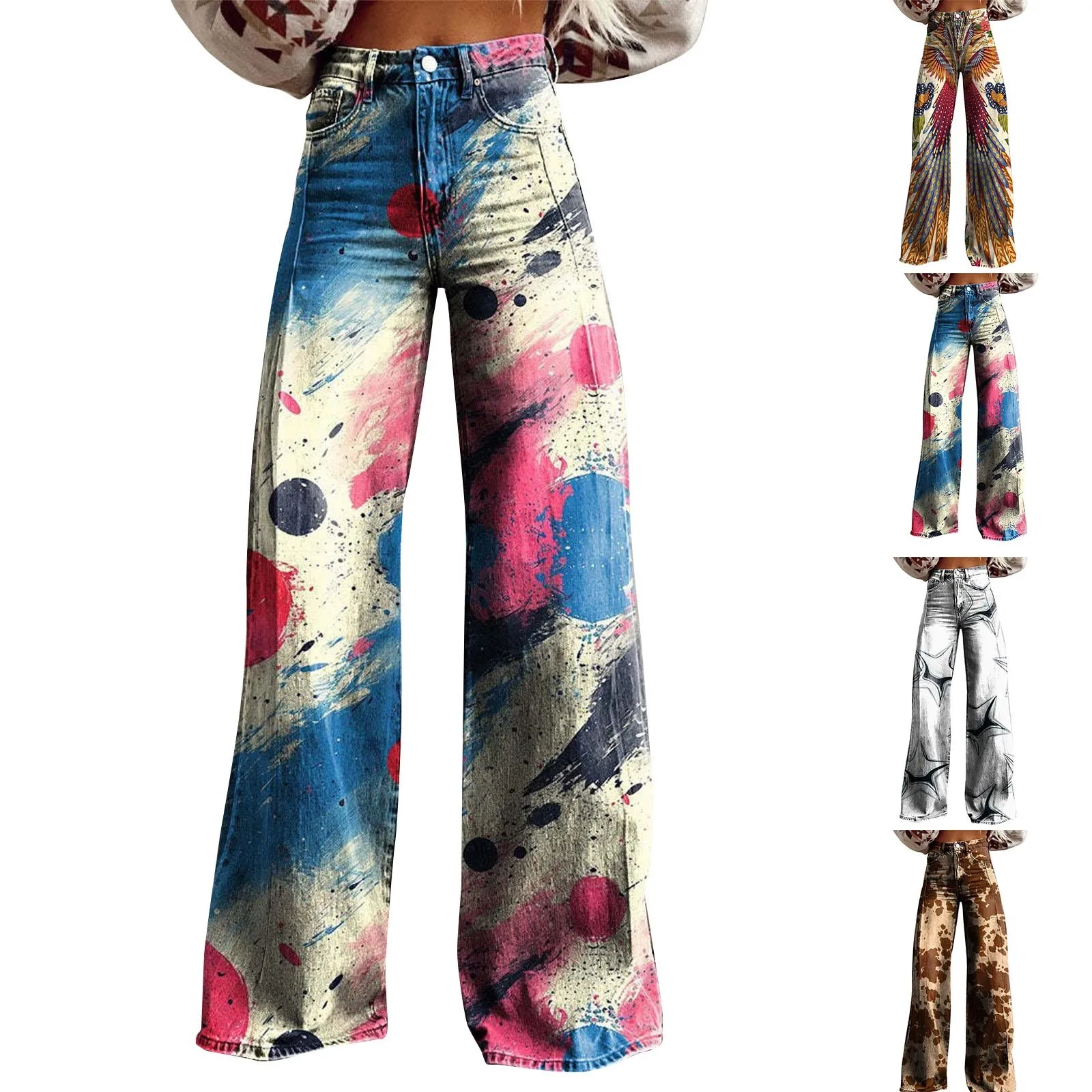 Vintage Printed Women Pants Autumn Trousers Casual Wide Leg Pants Vintage Boho High Waist Flare Pants Long Pantalones